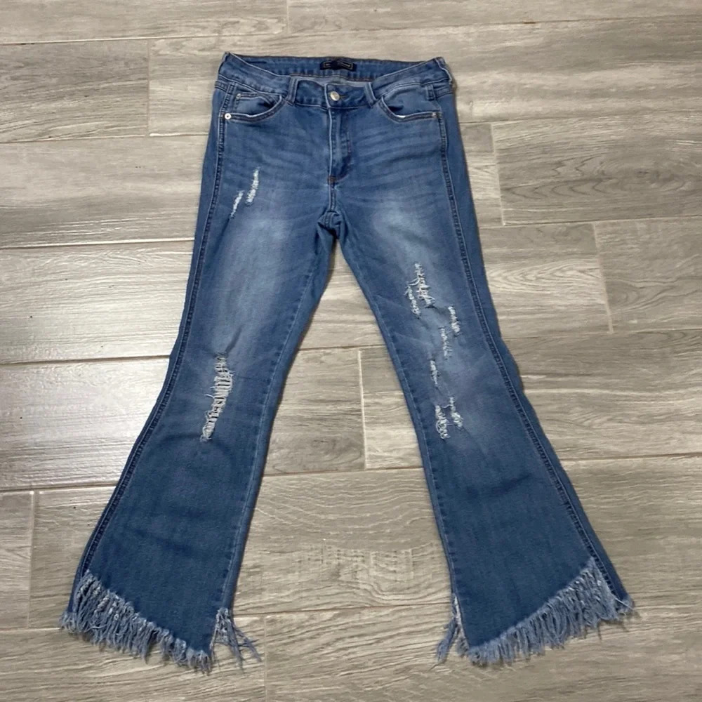 Hem & Thread Blue Distressed Fringe Raw Hem Denim Flare Bootcut Jeans Size 27